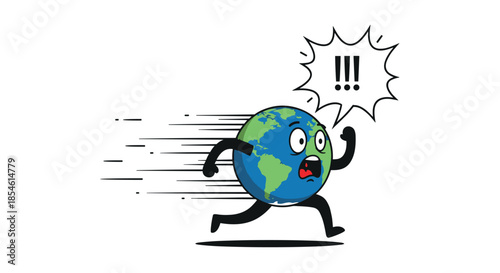 Panicked earth globe character running away with worried expression and exclamation marks in speech bubble symbols.