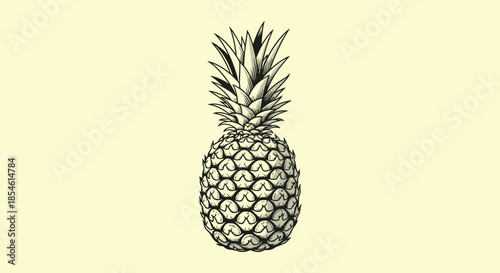 Vintage style pineapple fruit illustration with detailed texture and hatching on a pale yellow background for tropical food design.