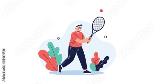 Senior man playing tennis with racket and red ball in dynamic pose for healthy and active aging lifestyle goals.