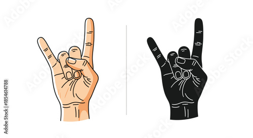 Heavy metal rock on hand gesture icon set featuring a realistic colored version and a solid black silhouette on white background.