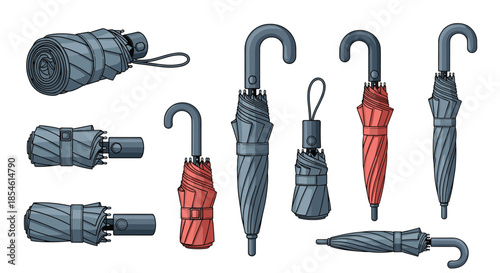 Diverse collection of umbrellas in various styles colors and patterns including open closed and folded types set.