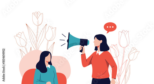 Woman using a blue megaphone to communicate loudly with another woman sitting calmly in front of a background of tall outline flowers.