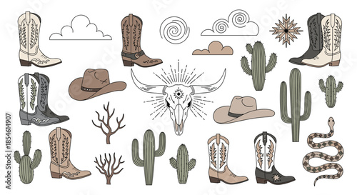 Extensive selection of western cowboy themed icons including boots hats cacti a cow skull a snake and desert clouds in a vintage style.