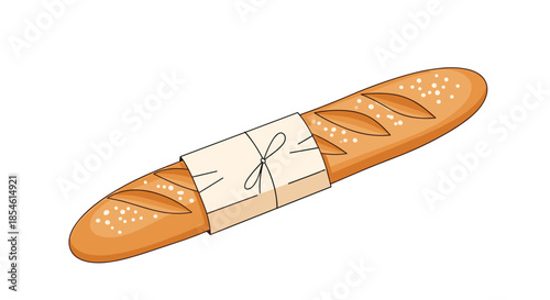 Freshly baked French baguette bread wrapped in a simple white paper sleeve and tied with a thin string for a rustic bakery presentation.