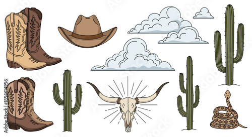 Collection of classic western elements including leather cowboy boots a wide-brimmed hat desert cacti clouds a bull skull and a snake.