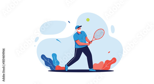 Active senior man with a white beard playing tennis outdoors wearing sports clothes and swinging his racket with focus and energy.