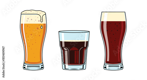 Assorted selection of three different beers in pint tumbler and fluted glasses representing craft varieties choice.