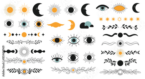 Large collection of mystical and celestial icons featuring all-seeing eyes suns crescent moons stars and decorative leafy dividers.