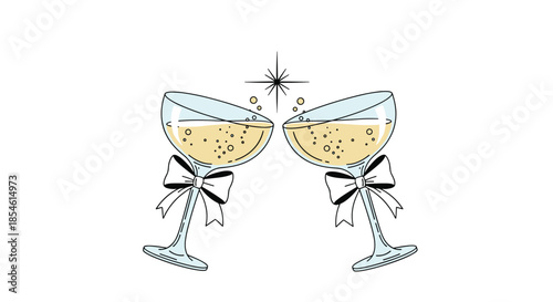 Two elegant champagne glasses clinking for toast decorated with bows and sparkling stars for celebration events.