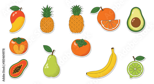 Set of colorful fruit stickers with white outlines including mango pineapple orange avocado persimmon papaya pear banana and lime.