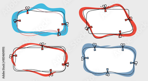Set of four colorful decorative blank frames with ribbons and bows for greeting cards or announcement design work.