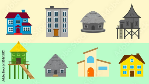 Collection of various illustrated houses and architectural designs from different cultures and eras