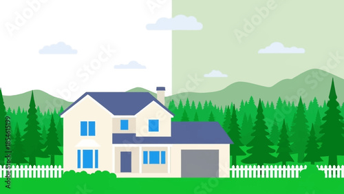 Charming suburban house nestled amidst lush green forest and rolling hills