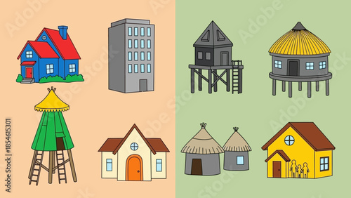 Collection of diverse architectural structures, from traditional huts to modern buildings