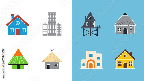 Collection of diverse architectural building styles, ranging from traditional homes to modern structures and abstract designs