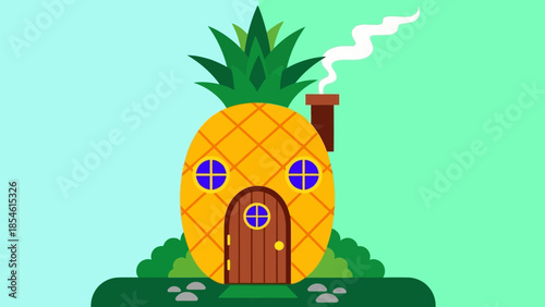 A whimsical pineapple-shaped house illustration, complete with a door and windows, nestled amidst greenery under a clear sky, evoking a sense of playful living and tropical charm