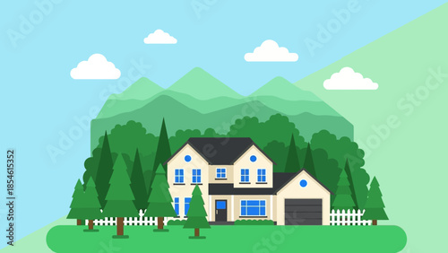 Charming suburban house nestled amidst lush green trees with rolling mountains in the background, a quintessential image of peaceful residential living