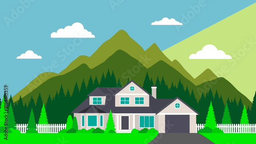 Cozy house with a scenic mountain backdrop, lush trees, and a clear blue sky