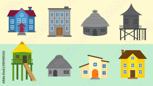 Diverse Collection of Various Residential Buildings and Architectural Styles Represented in a Stylized Graphic