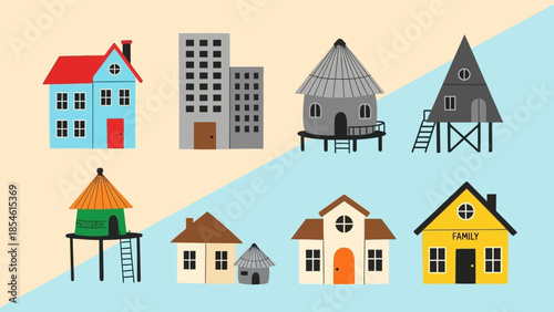Collection of diverse architectural designs including houses, apartments, and huts on stilts
