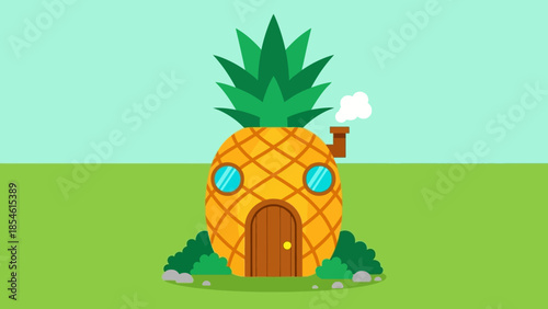 Cartoon Pineapple House with Two Round Windows and a Door in a Grassy Field