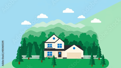 Serene suburban home nestled amidst lush green trees and rolling hills under a clear blue sky with fluffy white clouds
