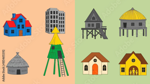 Diverse Collection of Residential and Commercial Buildings Showcasing Various Architectural Styles and Designs