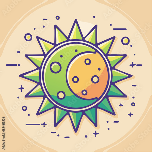 Stylized sun and moon illustration with a green and yellow color scheme, set against a beige background.