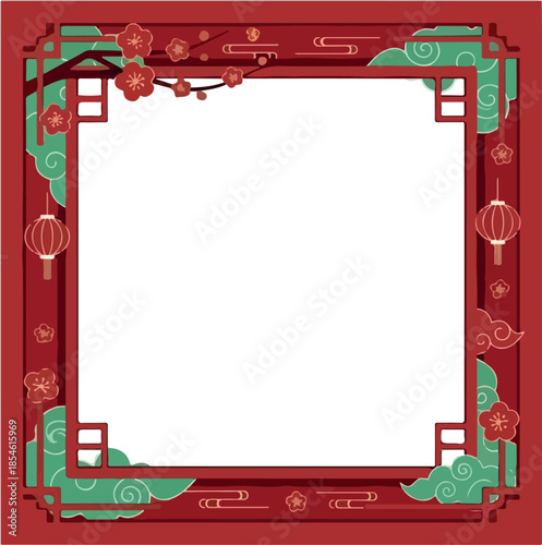 A traditional Chinese frame decorated with red and green designs and lanterns surrounds a blank white space on a red background with cultural elements.