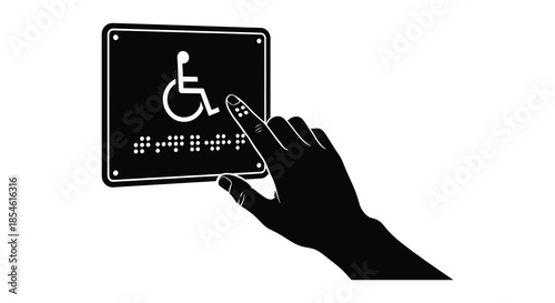 A hand pointing towards a black accessibility sign with braille representing inclusivity silhouette