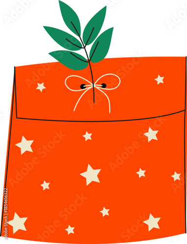 Red gift envelope with star pattern decorated with green leaves and a bow. Christmas and New Year present illustration.