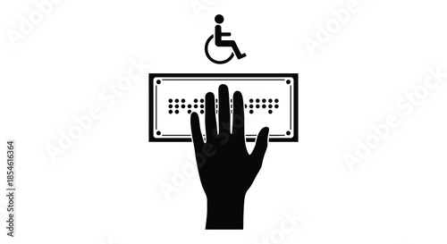 A hand reaching towards a braille sign with an accessibility symbol overhead silhouette