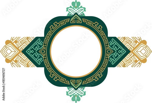 Vibrant green and gold ornate frame with intricate patterns on white background