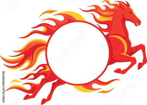 A fiery horse runs rapidly around a circular frame with flames.