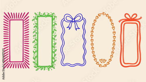 Colorful hand-drawn outline frames with charming decorative elements ideal for enhancing cards, labels, and digital art projects