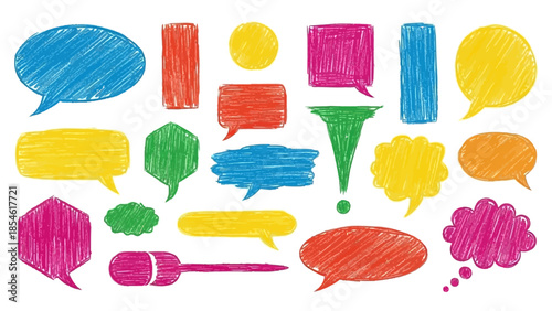 A vibrant collection of hand-drawn speech and thought bubbles, showcasing diverse shapes and colors with a playful scribble texture, perfect for communication concepts