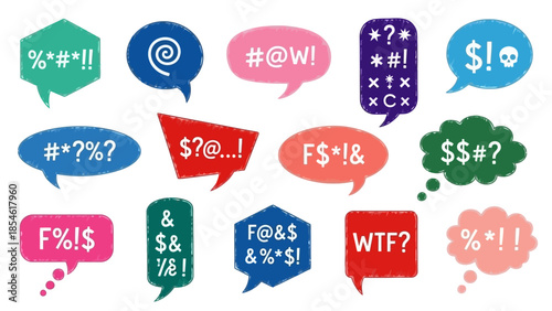 Creative Collection of Colorful Swear Words and Expletives in Speech Bubbles, Graphic Icons for Communication