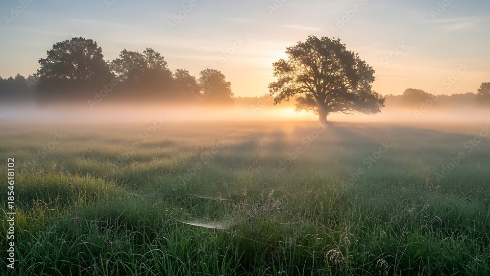 Obraz premium Golden Sunrise Mist Illuminates Grassy Field Silhouetting Majestic Oak Tree and Dewy Spiderweb.