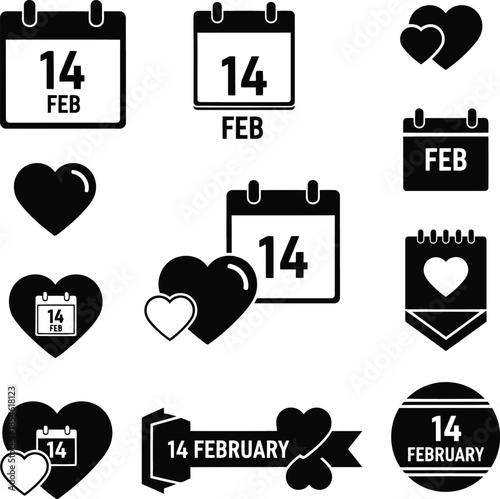 Black and white valentine's day icons featuring 14 february calendars and heart symbols