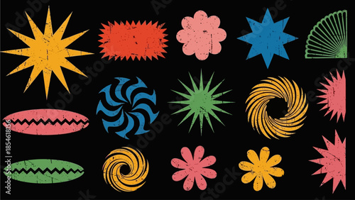 Vibrant and eclectic set of abstract shapes featuring a distinct distressed, grunge texture, perfect for contemporary and retro graphic projects