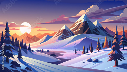 Snow-covered hills with long shadows at sunset, creating a peaceful winter evening scene