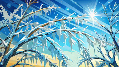 Ice-covered branches sparkling in winter sunlight against a clear blue sky