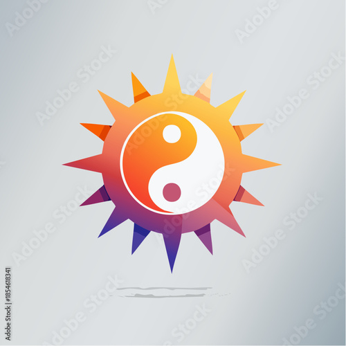 Yin Yang symbol inside a sun-like shape with vibrant colors.