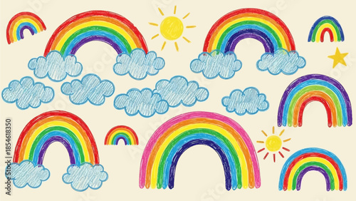 Cheerful hand-drawn collection of vibrant rainbows, fluffy clouds, and bright suns, ideal for playful children's designs and joyful themes