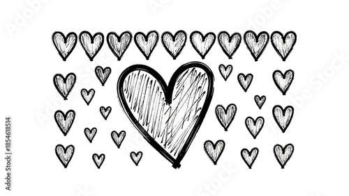 A large hand-drawn heart symbol at the center surrounded by many smaller hearts against a white background