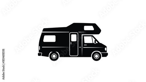 A black rv camper van illustration in a striking silhouette