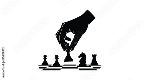 A hand reaching towards a chess piece over other pieces silhouette