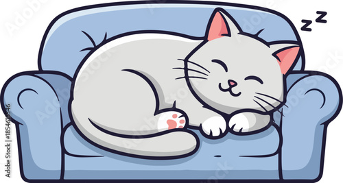 Adorable White Cat Sleeping on a Blue Sofa