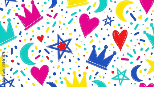 Joyful Seamless Pattern Featuring Colorful Crowns, Hearts, Stars, and Moons with Playful Confetti Sprinkles for Celebrations