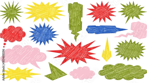 Collection of colorful hand-drawn speech bubbles and explosion shapes on a white background, representing ideas and communication